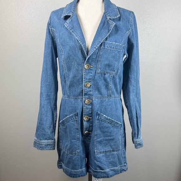 FREE PEOPLE Denim Button Up Romper M  Long Sleeve Fall Western Femme Cowgirl - Picture 1 of 15